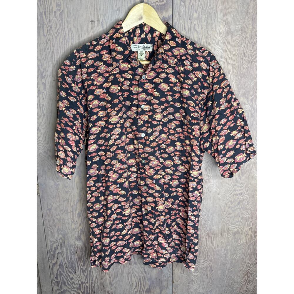 Tori Richard Black with Red Fishes  
 Button Down Aloha Shirt Men Size Medium